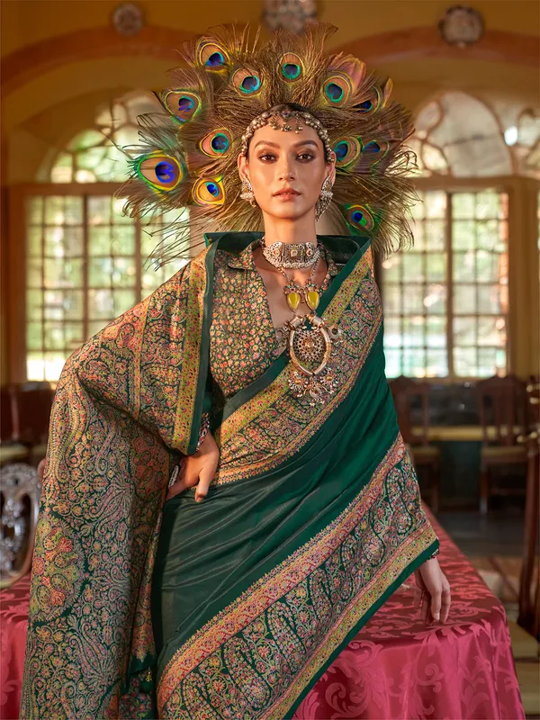 Green printed silk saree for festive wear