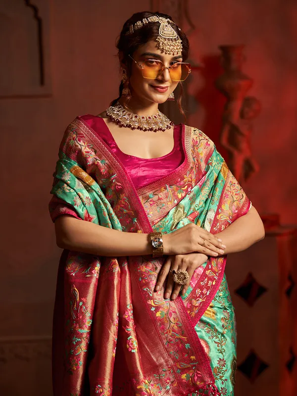 Green printed silk saree with minakari