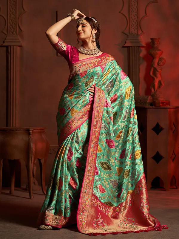 Green printed silk saree with minakari