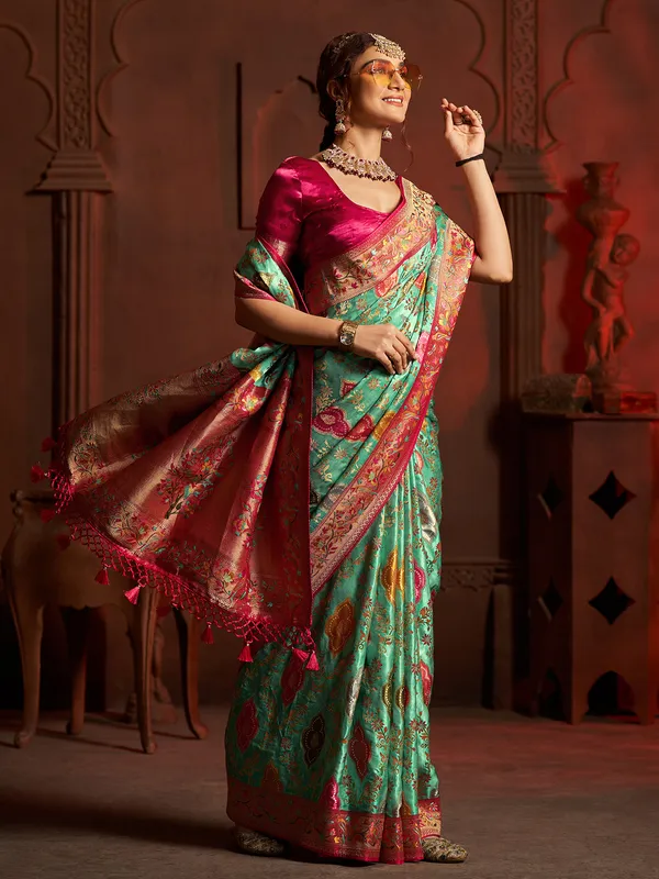 Green printed silk saree with minakari