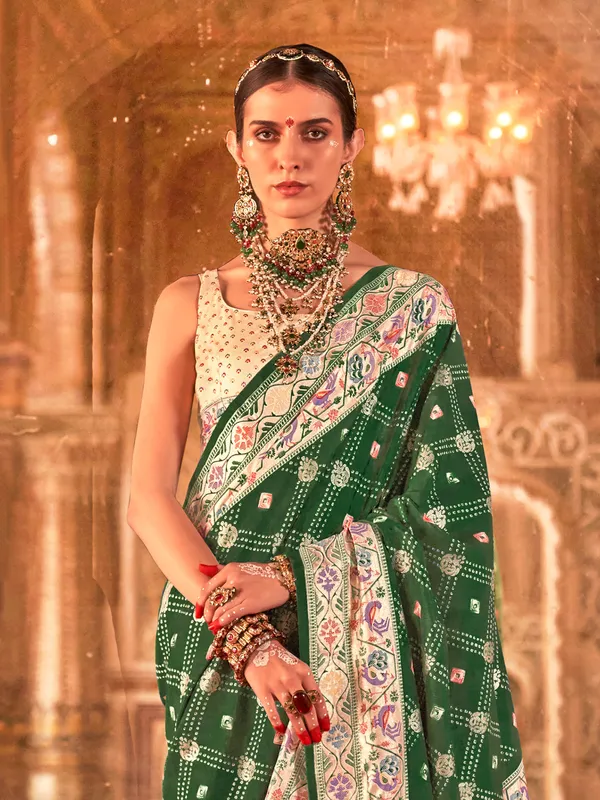 Green printed silk saree with zari work