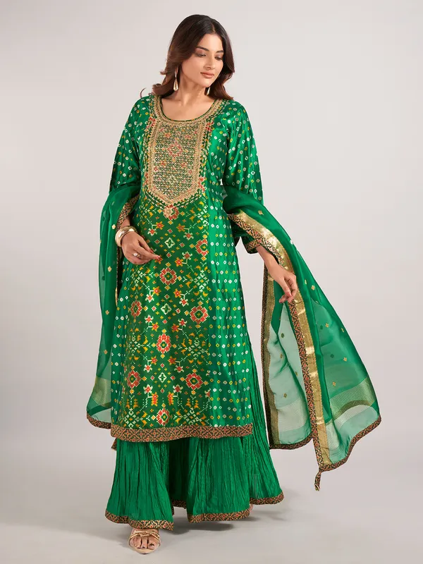 Green printed silk sharara suit for wedding