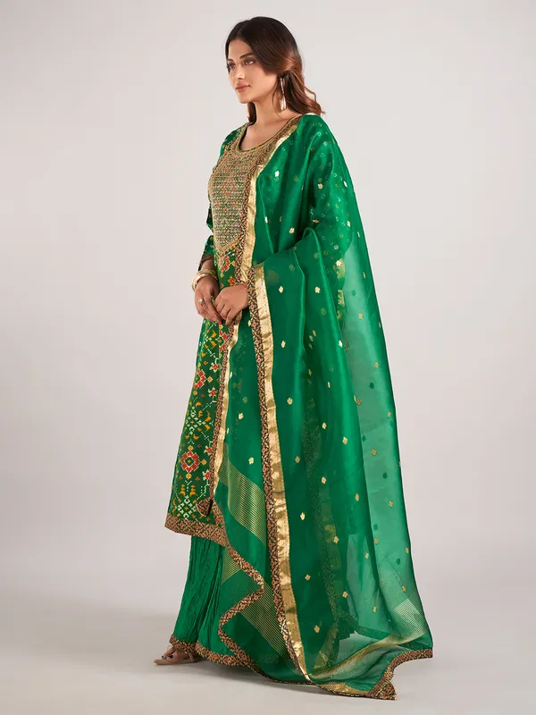 Green printed silk sharara suit for wedding