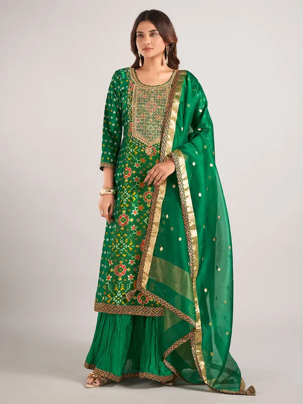 Green printed silk sharara suit for wedding