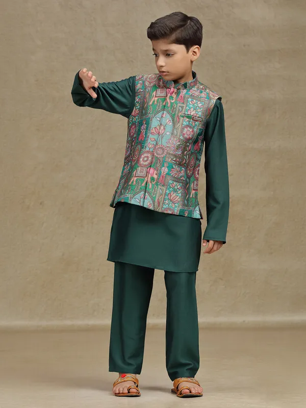 Green printed silk waistcoat set for wedding wear