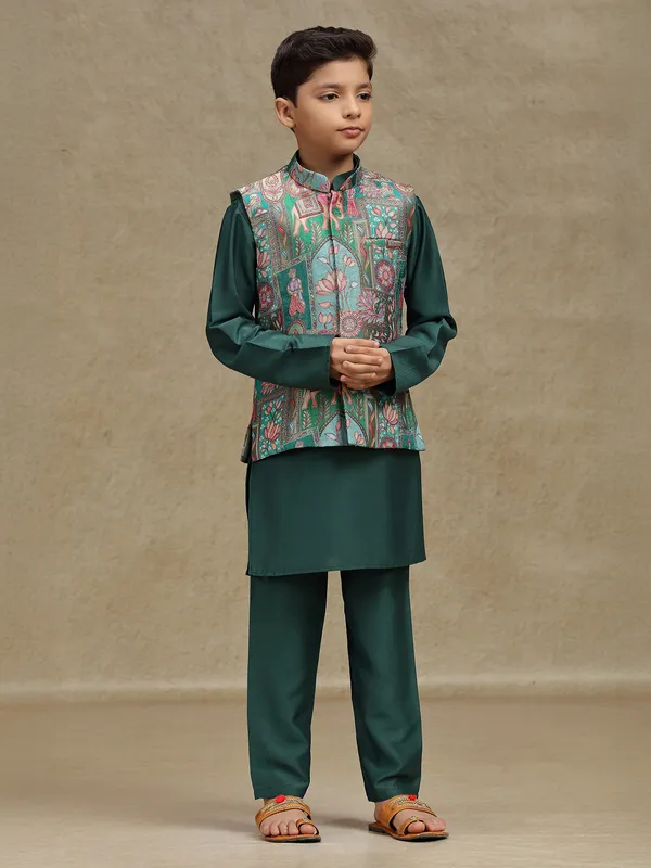 Green printed silk waistcoat set for wedding wear