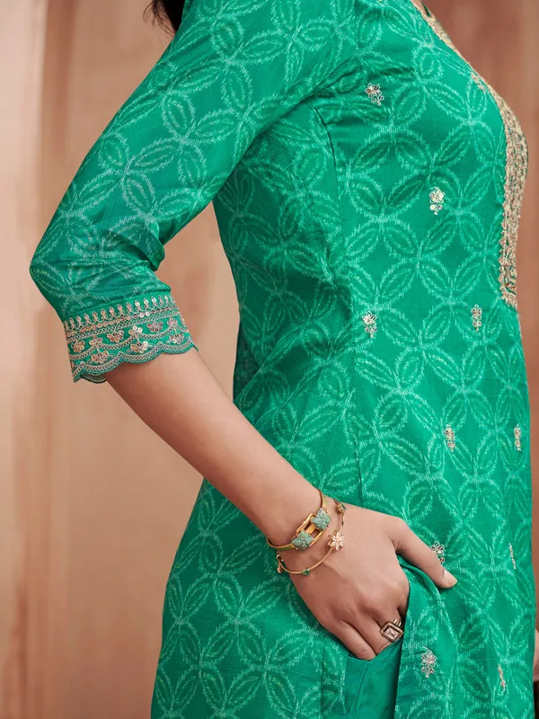 Green printed straight cut silk wedding kurti set
