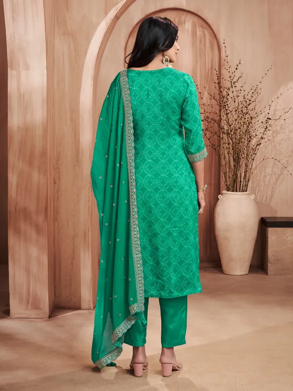 Green printed straight cut silk wedding kurti set