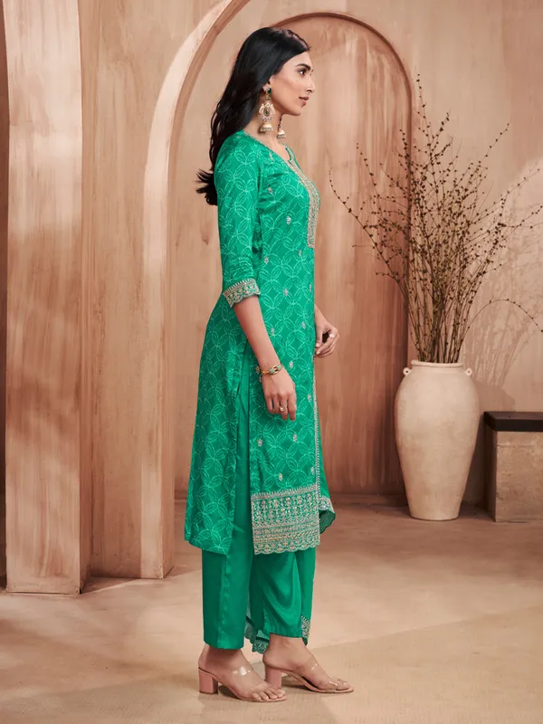 Green printed straight cut silk wedding kurti set