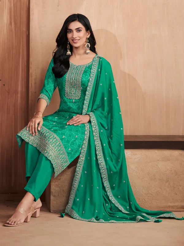 Green printed straight cut silk wedding kurti set