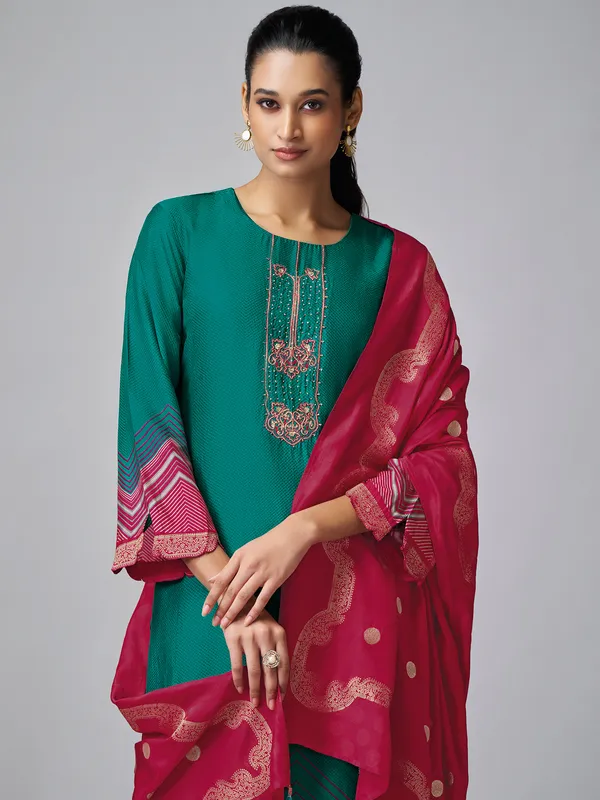 Green printed tusser silk salwar suit