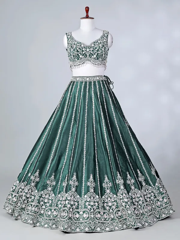 Green raw silk lehenga choli with stone work