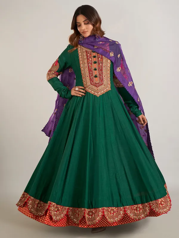 Green raw silk pakistani lehenga suit