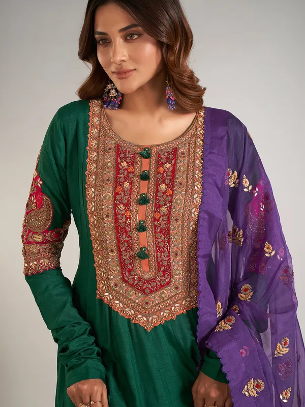 Green raw silk pakistani lehenga suit