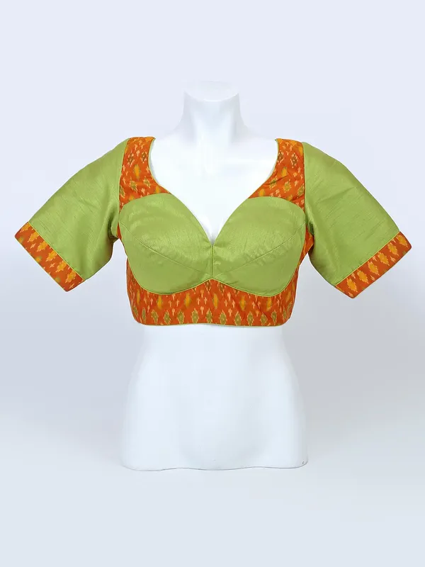 Green raw silk sweetheart neck blouse