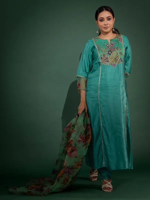 Green resham worked printed silk kurti set with dupatta