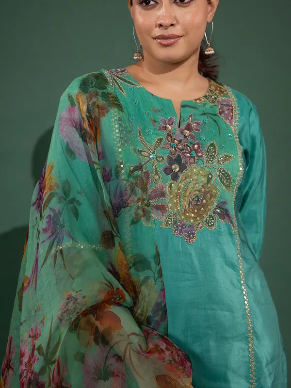 Green resham worked printed silk kurti set with dupatta