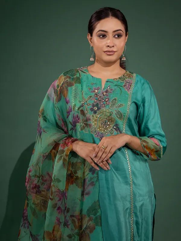 Green resham worked printed silk kurti set with dupatta