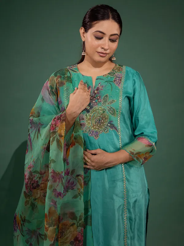 Green resham worked printed silk kurti set with dupatta