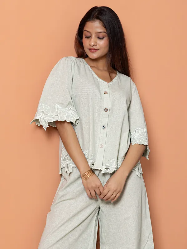 Green rippped pattern cotton co-ord set