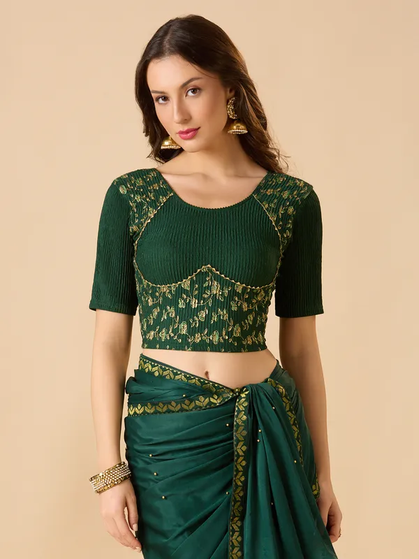 Green round neck lycra ready made blouse with zari work