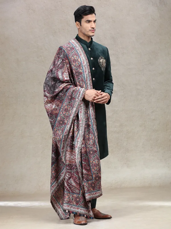Green royal charming velvet sherwani with elephant patch