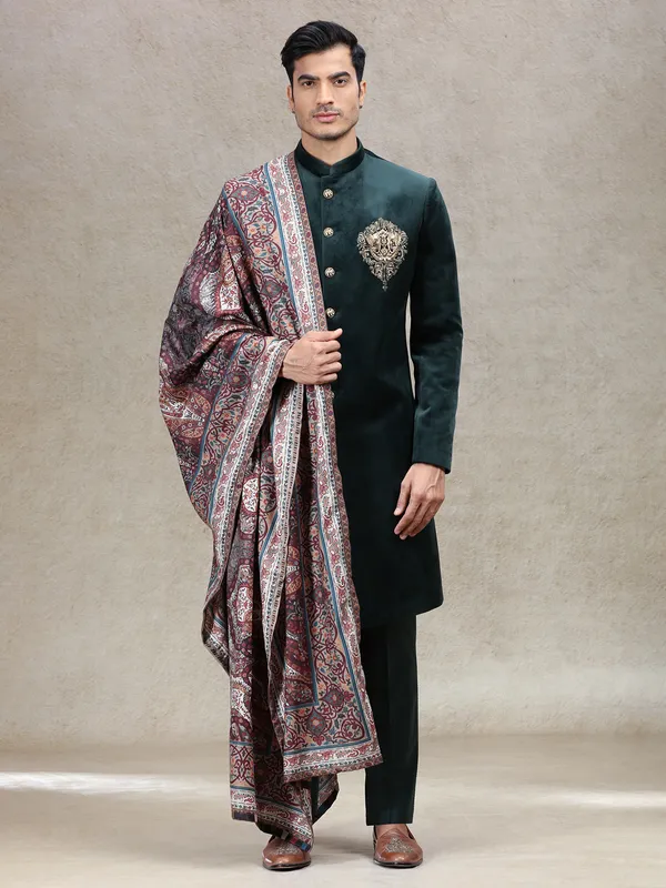 Green royal charming velvet sherwani with elephant patch
