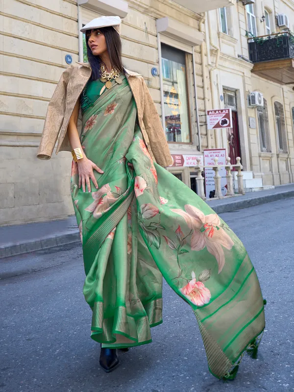 Green satin organza printed saree