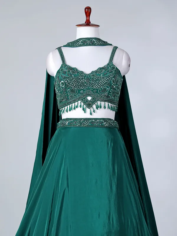 Green satin silk designer lehenga choli with dupatta
