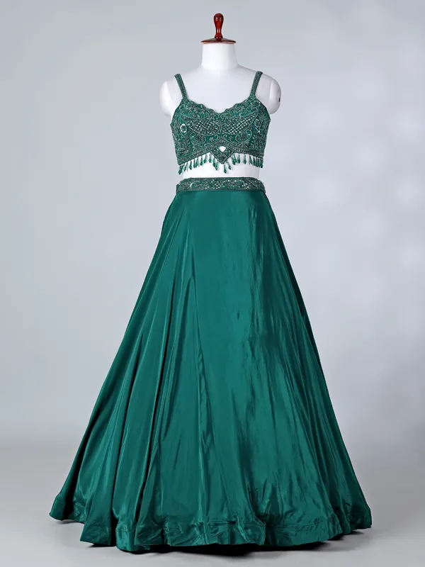 Green satin silk designer lehenga choli with dupatta