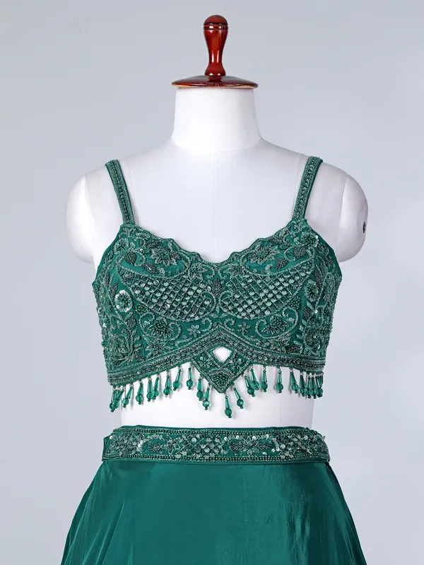 Green satin silk designer lehenga choli with dupatta