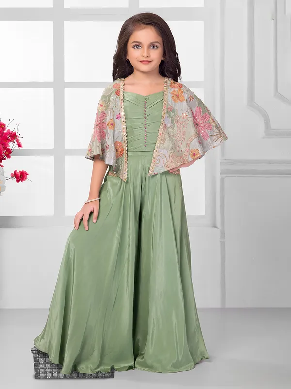 Green satin silk jacket style salwar suit