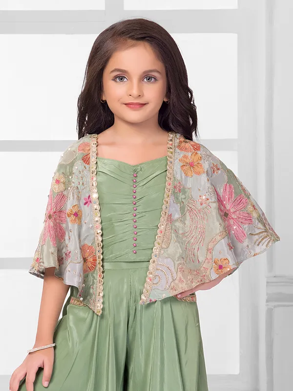 Green satin silk jacket style salwar suit