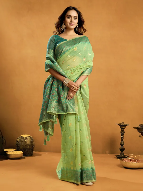 Green semi cotton saree for traditional wear