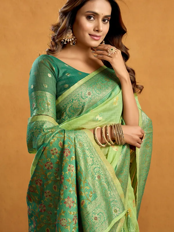 Green semi cotton saree for traditional wear