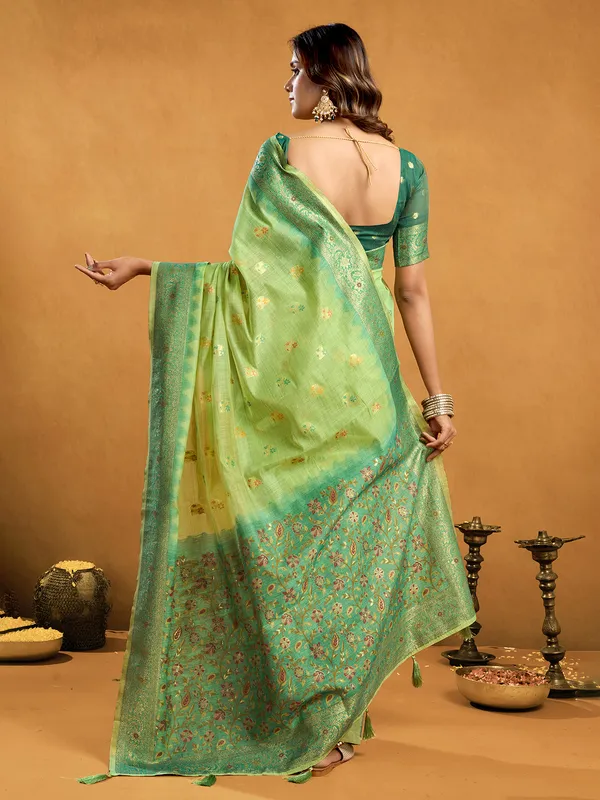 Green semi cotton saree for traditional wear
