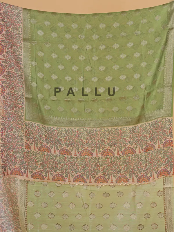 Green semi cotton saree with zari weaving