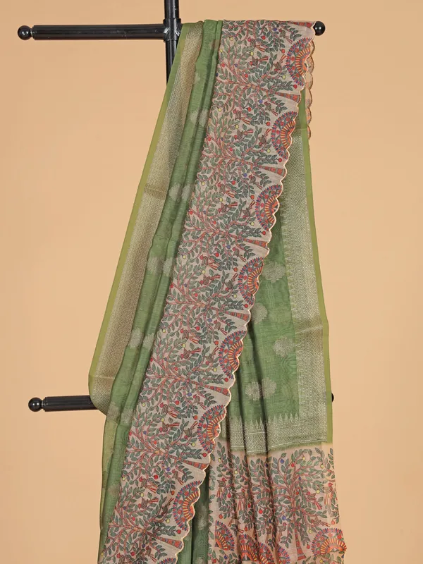 Green semi cotton saree with zari weaving