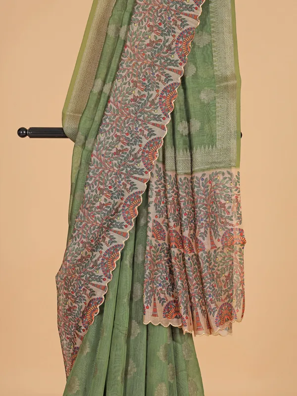 Green semi cotton saree with zari weaving