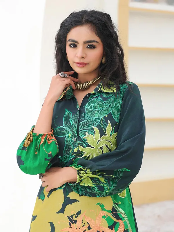 Green sequins worked crepe kurti set