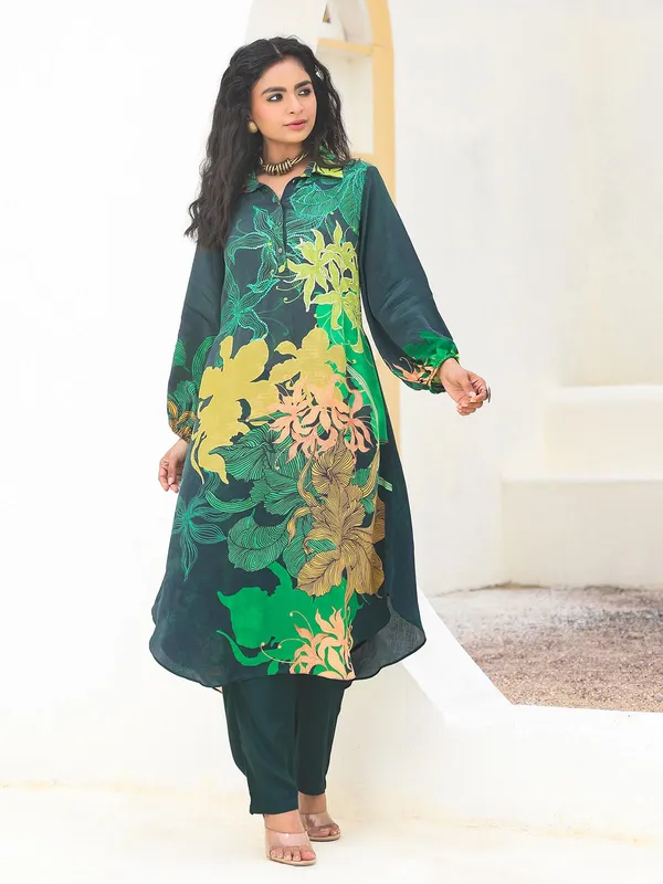 Green sequins worked crepe kurti set