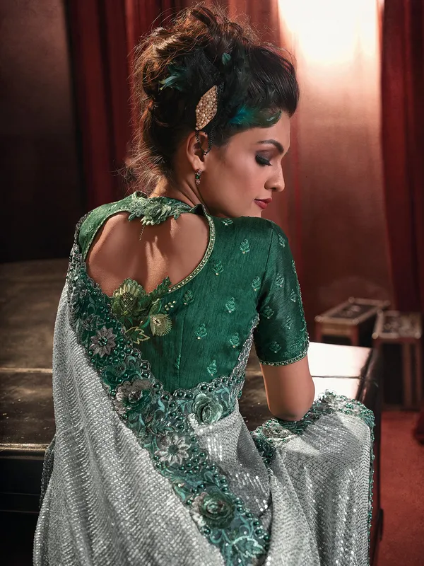 Green shaded net designer saree