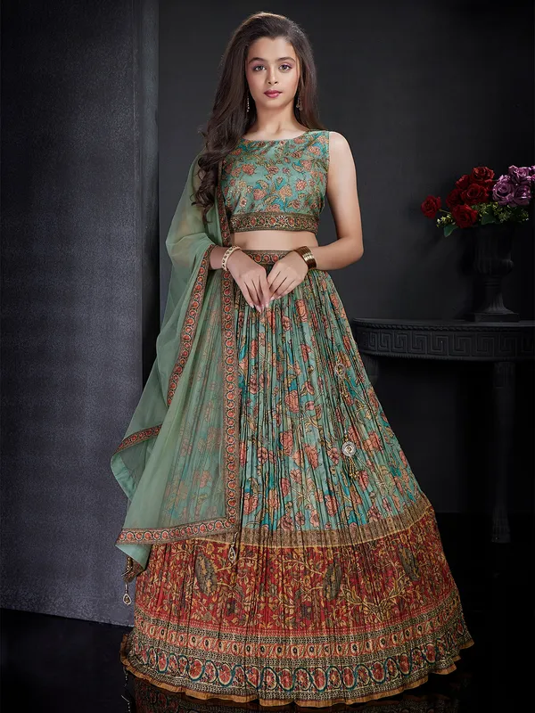 Green shaded printed lehenga choli in silk