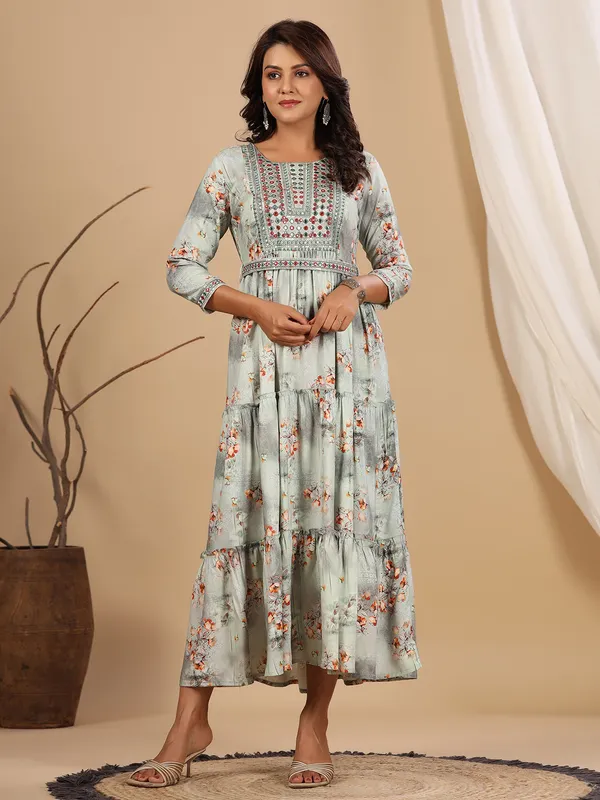 Green shaded printed long cotton kurti