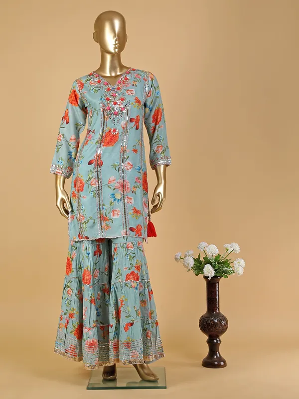 Green shaded printed silk sharara set