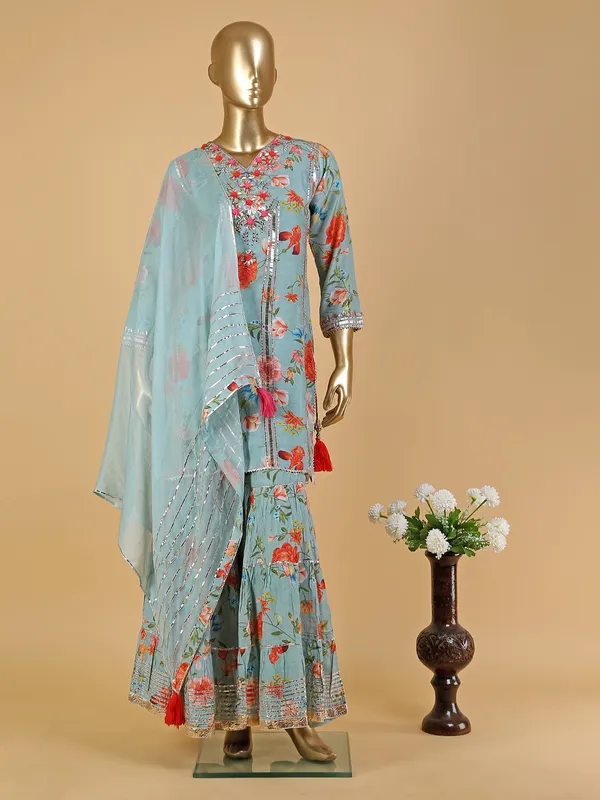 Green shaded printed silk sharara set