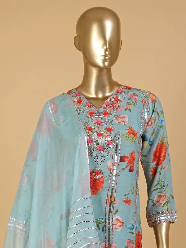 Green shaded printed silk sharara set