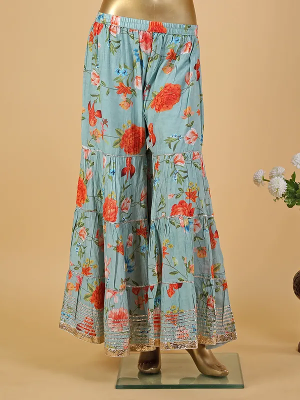 Green shaded printed silk sharara set