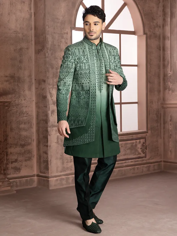 Green shaded silk indowestern