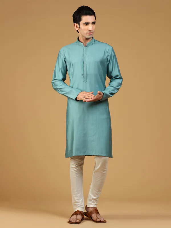 Green shaded silk plain rich kurta suit